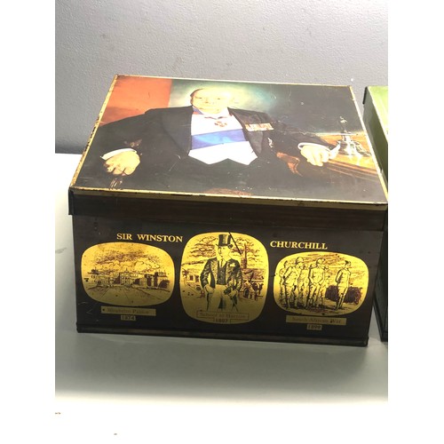 109 - 2 large vintage biscuit tins Winston churchill & Elkes london biscuit tin