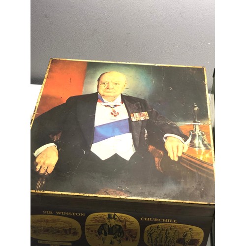 109 - 2 large vintage biscuit tins Winston churchill & Elkes london biscuit tin