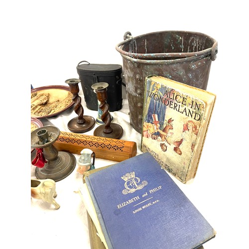 236 - Selection of miscellaneous items includes barley twist candle sticks, binoculars etc