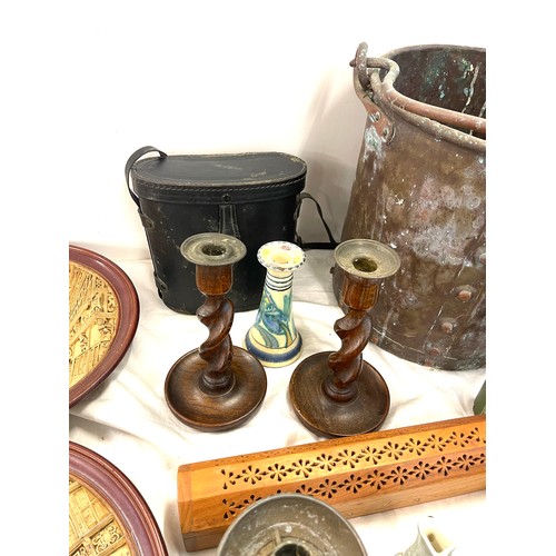 236 - Selection of miscellaneous items includes barley twist candle sticks, binoculars etc