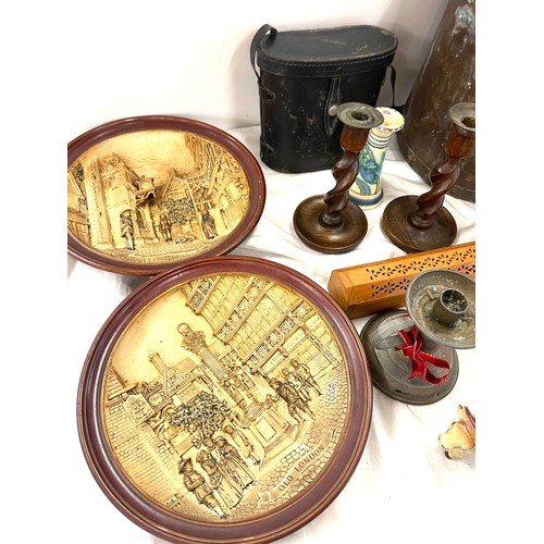 236 - Selection of miscellaneous items includes barley twist candle sticks, binoculars etc