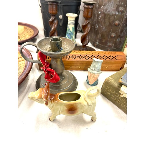 236 - Selection of miscellaneous items includes barley twist candle sticks, binoculars etc