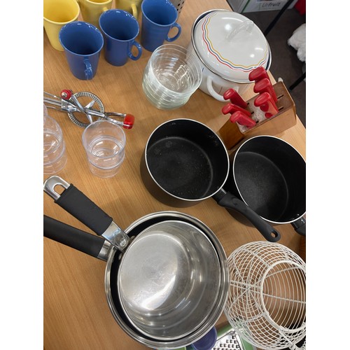 230 - Selection of kitchenalia includes pots, pans, radio, chopping boards etc