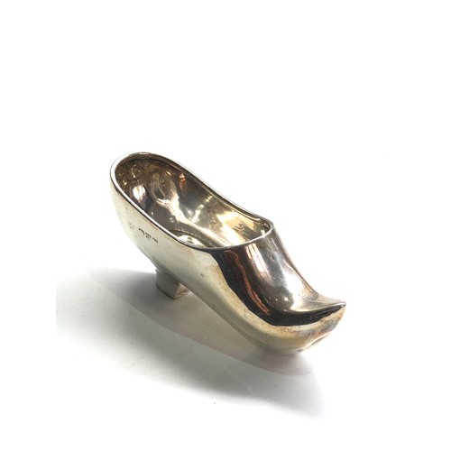 46 - Antique silver shoe / clog chester silver hallmarks measures approx 8.5cm named roger Guernsey