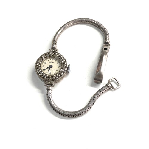 505 - Vintage ladies silver & marcasite wristwatch working order but no warranty given