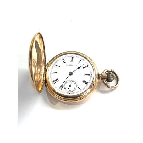 515 - Gold plated full hunter Waltham riverside pocket watch  in working order but no warranty is given