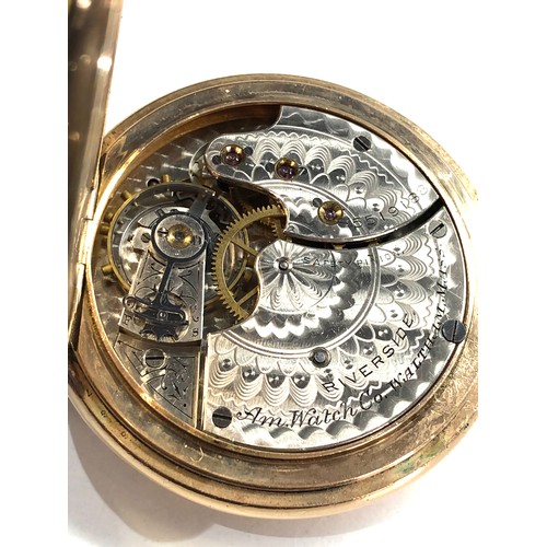 515 - Gold plated full hunter Waltham riverside pocket watch  in working order but no warranty is given