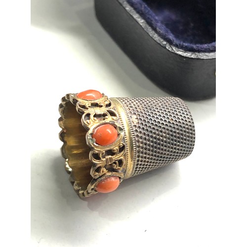 11 - Antique cased silver & coral set thimble hallmarked 800