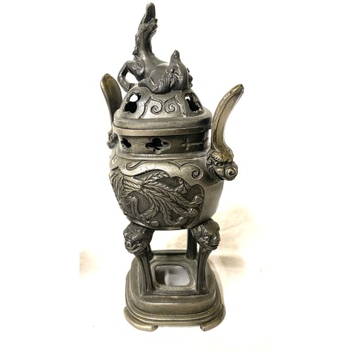 147 - Heavy cast iron lidded pot and a vintage scent burner