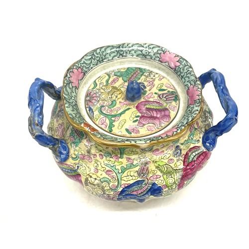 467 - Oriental lidded 2 handled pot, approximate height 6 inches, Width 8 inches, no markings to base