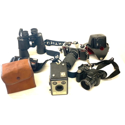 136 - Selection of binoculars and cameras includes mark scheffel binoculars, praktica mtl5 camera, fujifil... 