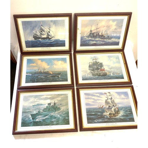 62 - 6 Framed battleship prints, each measuring approximately 30 inches by 9.5 inches