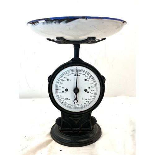 87 - Victorian kitchen scales with enamel dish, overall height include bowl 12 inches