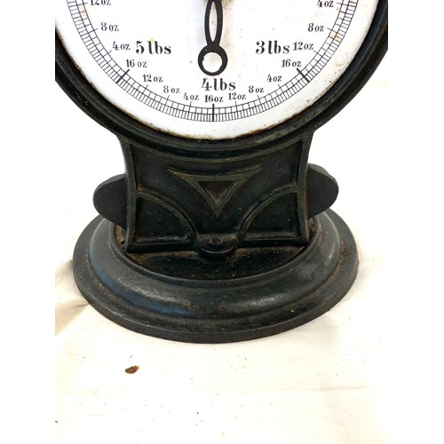 87 - Victorian kitchen scales with enamel dish, overall height include bowl 12 inches