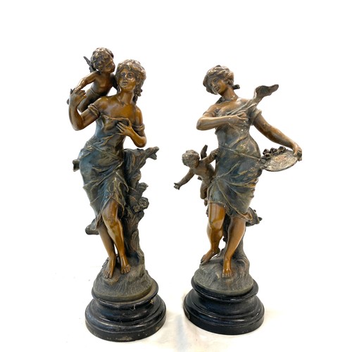 80 - Pair premiere armoires spelter pan Francois moreau figures on plinths, one has been damaged