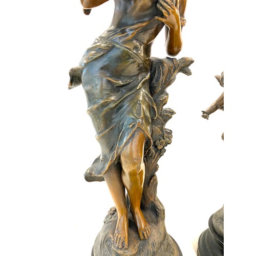 80 - Pair premiere armoires spelter pan Francois moreau figures on plinths, one has been damaged