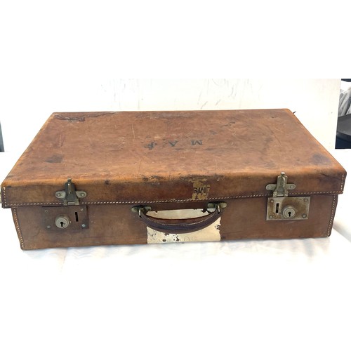 49 - Vintage leather initialled suitcase, leather document pouches