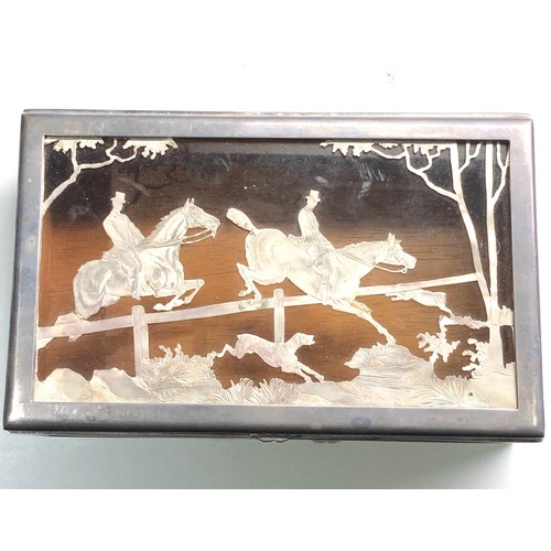 93 - Large Silver plate hunting scene Cigar box measures approx 23cm by 14cm height 7cm