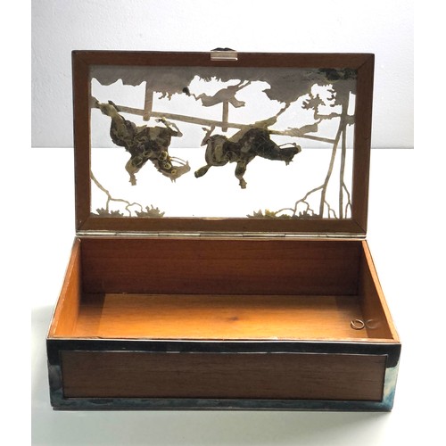 93 - Large Silver plate hunting scene Cigar box measures approx 23cm by 14cm height 7cm