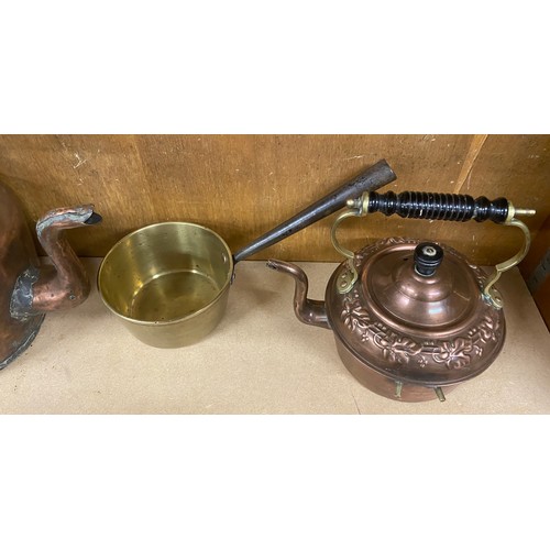 100 - 2 Brass kettles and a copper pan