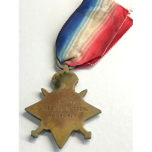 470 - ww1 1914-15 star to 43094 pte w.t.toon r.a.m.c