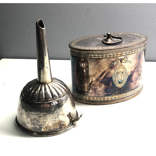 95 - Antique georgian silver plated wine funnel & tea caddy