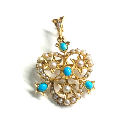 329 - Victorian 15ct gold turquoise & seed-pearl pendant brooch measures approx 3.4cm drop by 2.1cm wide w... 