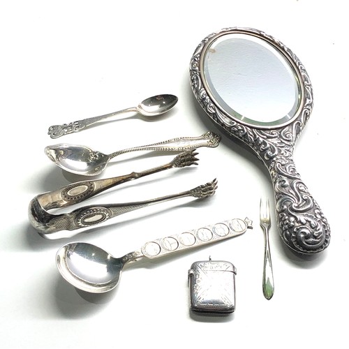 70 - Selection of silver items includes french silver sugar tongs mirror vesta case etc