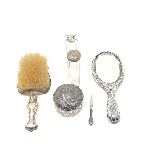 86 - Selection of silver items silver top jars brushes & mirror etc