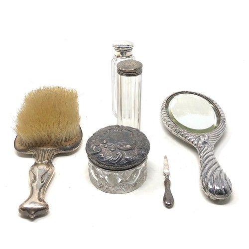 86 - Selection of silver items silver top jars brushes & mirror etc