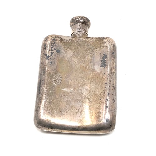 88 - Antique silver hip flask screw top dented weight 112g, 13cm tall age related ware and marks