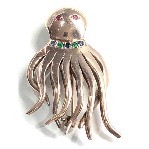 105 - 9ct gold sapphire emerald & ruby octopus brooch 12g