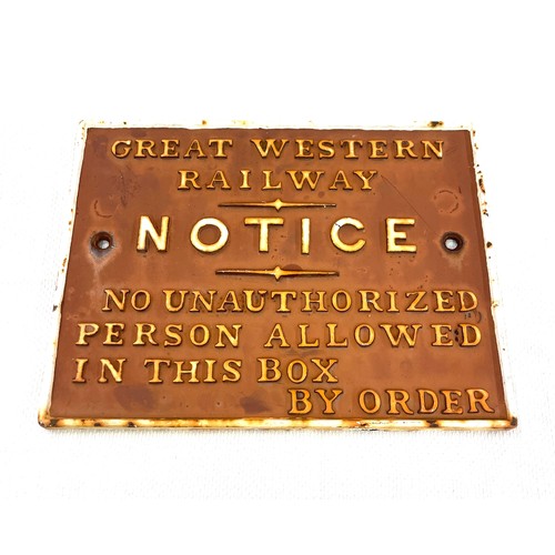 69 - Original cast Great Western Railway notice, approximate measurements. 11.5 by 7.5 inches 11 by 8.5 i... 