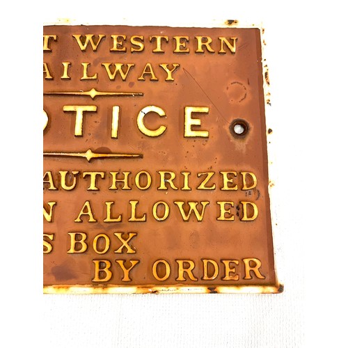 69 - Original cast Great Western Railway notice, approximate measurements. 11.5 by 7.5 inches 11 by 8.5 i... 