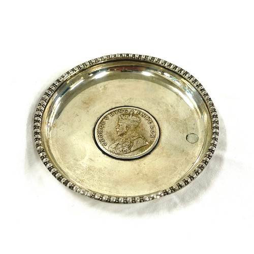 485 - Persian hallmarked silver pin dish with coin, approximate weight 52.2g