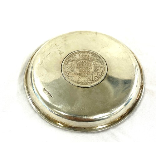 485 - Persian hallmarked silver pin dish with coin, approximate weight 52.2g