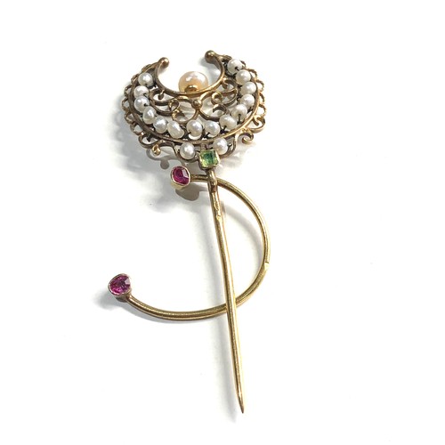 138 - Antique 18ct gold pearl ruby & emerald slide pin weight 4.2g