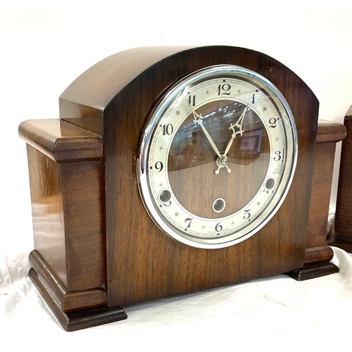 61 - 2 Vintage three key hole oak mantel clocks includes Anvil etc