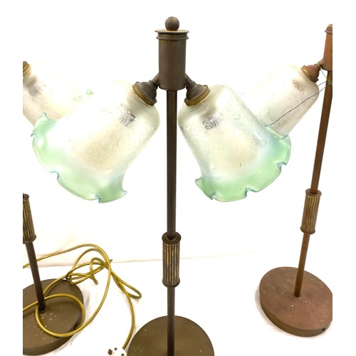 221 - Set of 3 Antique brass table lamps with glass shades