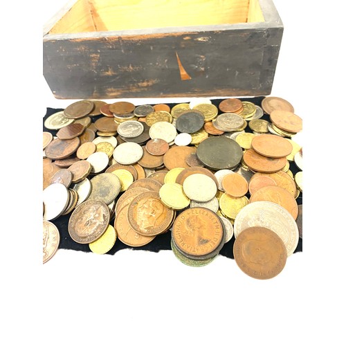 455 - Large selection of assorted coins in a wooden box