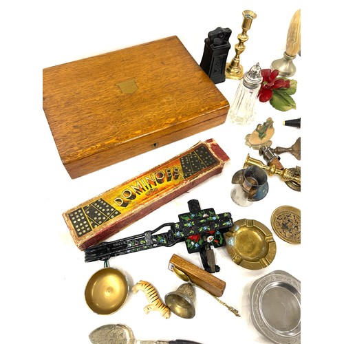 199 - Mixed box of brass, metalware, including candlesticks, gin trap and cutlery box