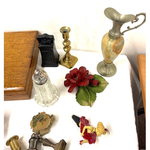 199 - Mixed box of brass, metalware, including candlesticks, gin trap and cutlery box