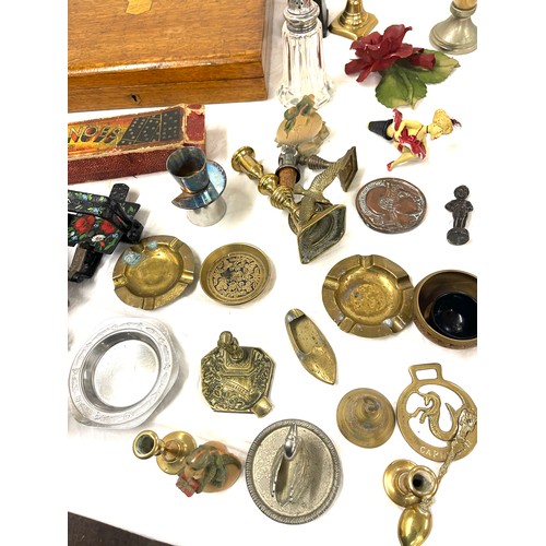 199 - Mixed box of brass, metalware, including candlesticks, gin trap and cutlery box