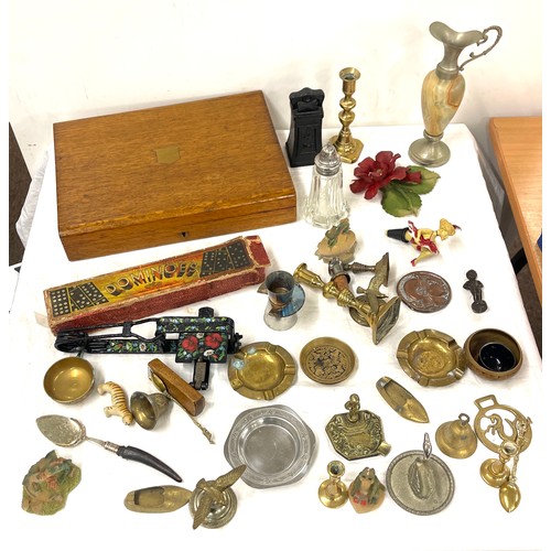 199 - Mixed box of brass, metalware, including candlesticks, gin trap and cutlery box