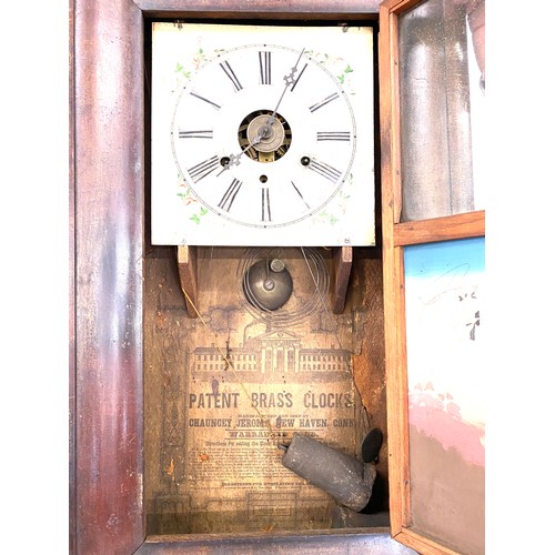 235 - Mahogany chiming wall clock with painted front with pendulum and weights