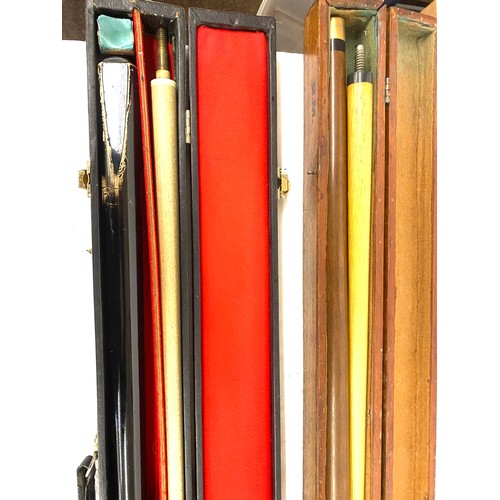 192 - Selection of 3 cased pool cues one named knight