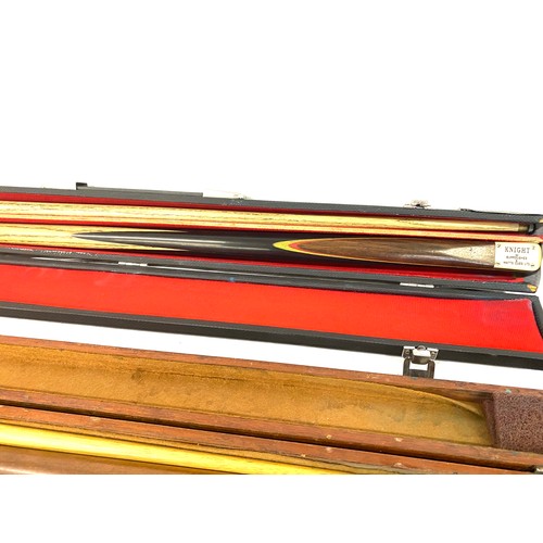 192 - Selection of 3 cased pool cues one named knight