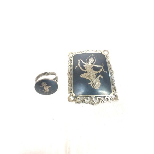 459 - Ladies silver Siam Thailand ring and brooch