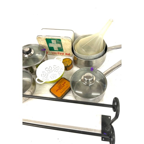 140 - Selection of kitchenalia includes pans, etc