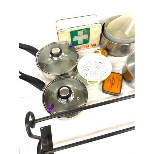 140 - Selection of kitchenalia includes pans, etc